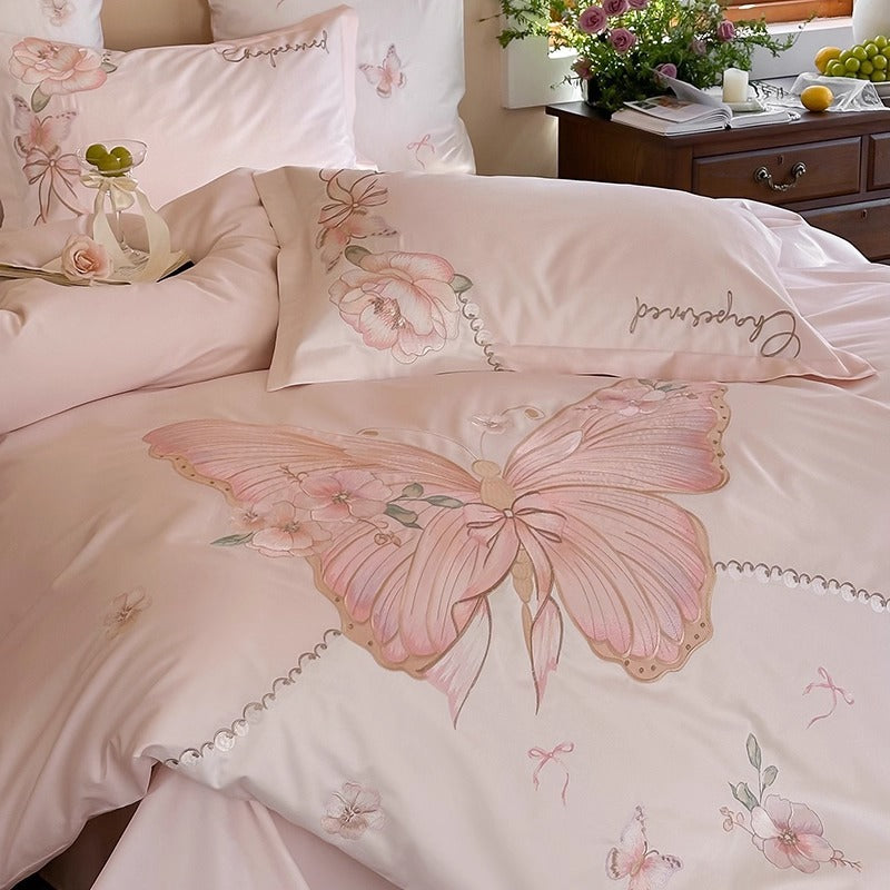 Embroidered Silk-Feel Butterfly Floral Duvet Cover Set