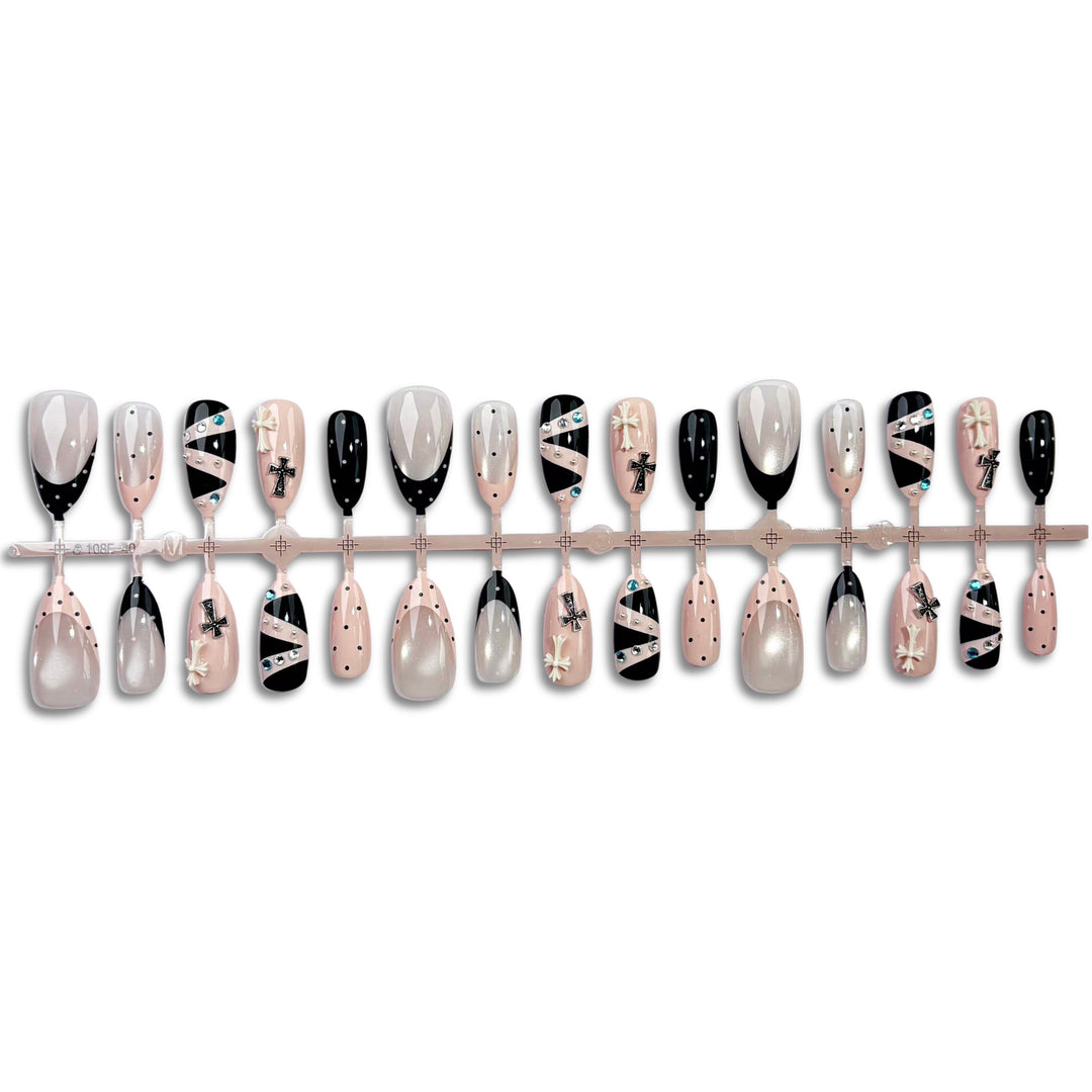 Artistic Press-On Nail Set with Decorative Embellishments