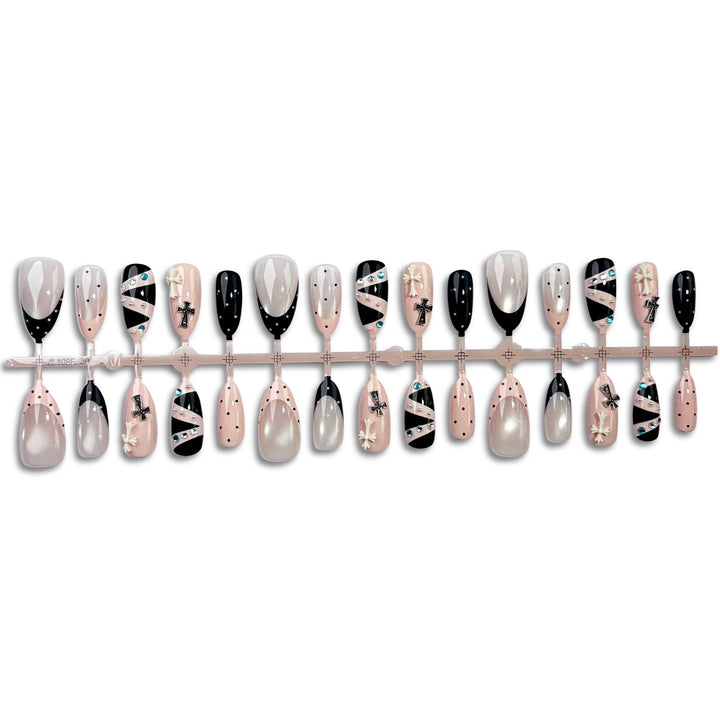 Artistic Press-On Nail Set with Decorative Embellishments