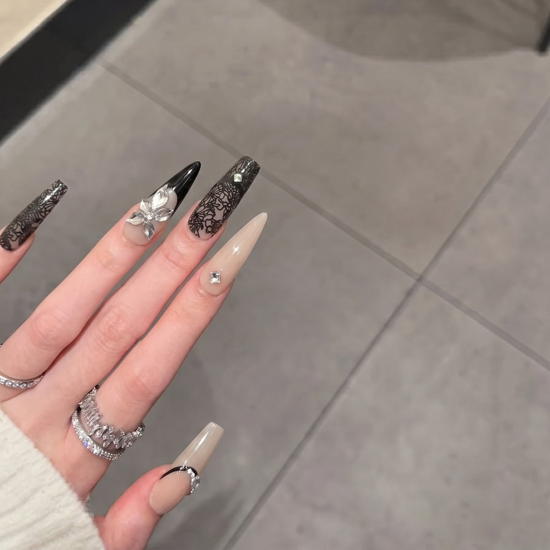 Artistic Stiletto Press-On Nail Set with Floral and Geometric Accents Stornfield