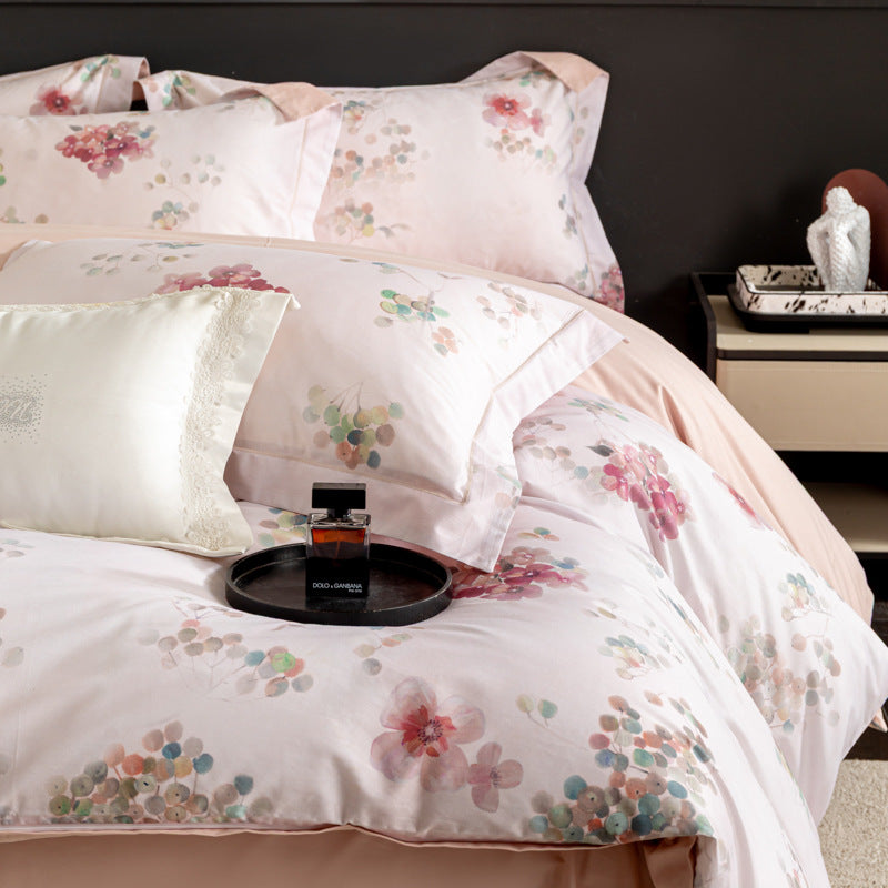 Luxurious cotton satin duvet cover set with watercolor flower pattern
