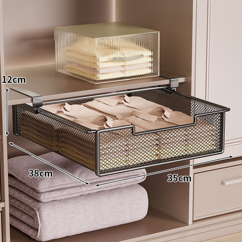 Pull-Out Under-Shelf Ventilated Metal Mesh Storage Drawer for Wardrobe and Closet Organization