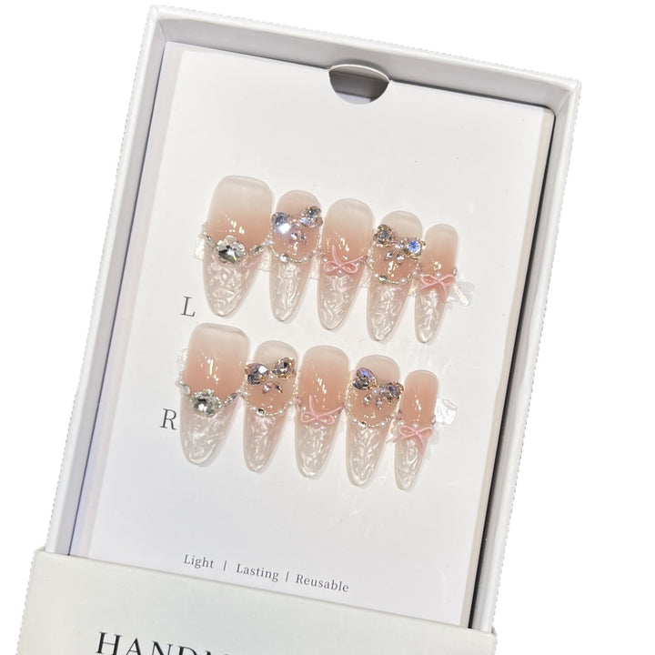 Decorative Stiletto Press-On Nail Set with Bow and Gem Accents Stornfield