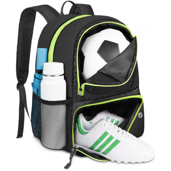 Sporty backpack with compartments for soccer, water bottle, and shoes Stornfield