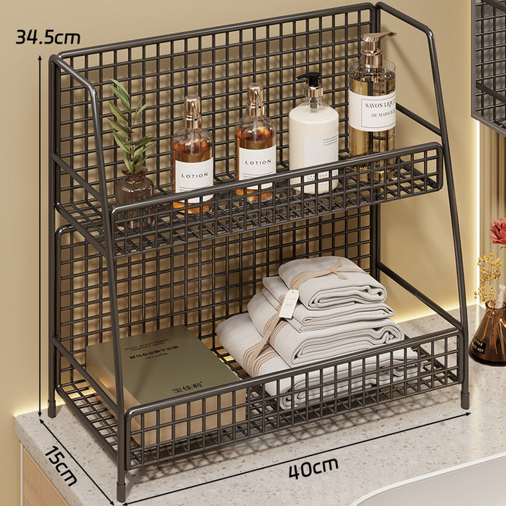 Multi-Tier Wire Grid Countertop Organizer with Angled Frame and Ventilated Mesh Shelves