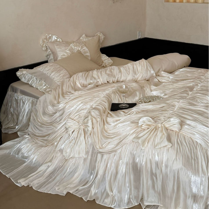 Luxury Pleated Satin Ruffled Bedspread Set with Decorative Bow Accents and Matching Pillow Shams