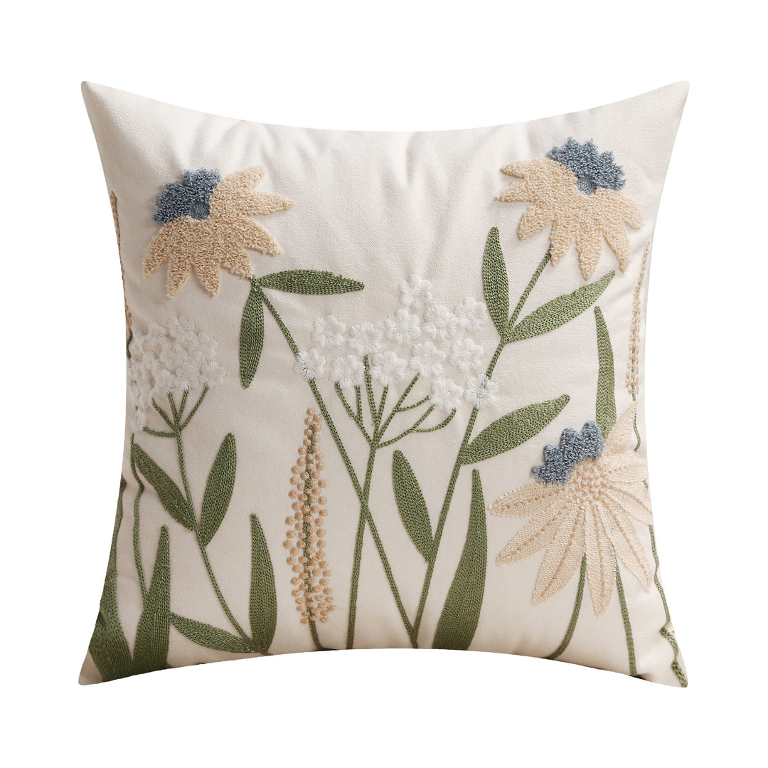 Hand-Embroidered Meadow Motif Linen-Blend Lumbar Cushion Cover