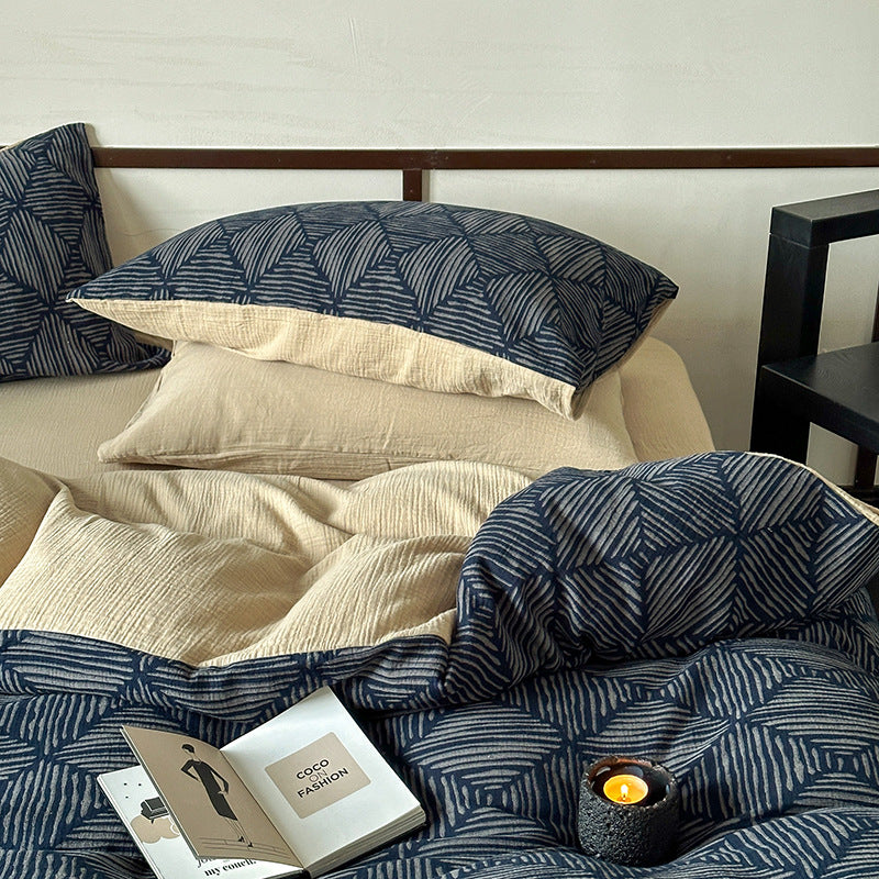 Quilted Reversible Cotton Bed Linen Set with Geometric Block Print