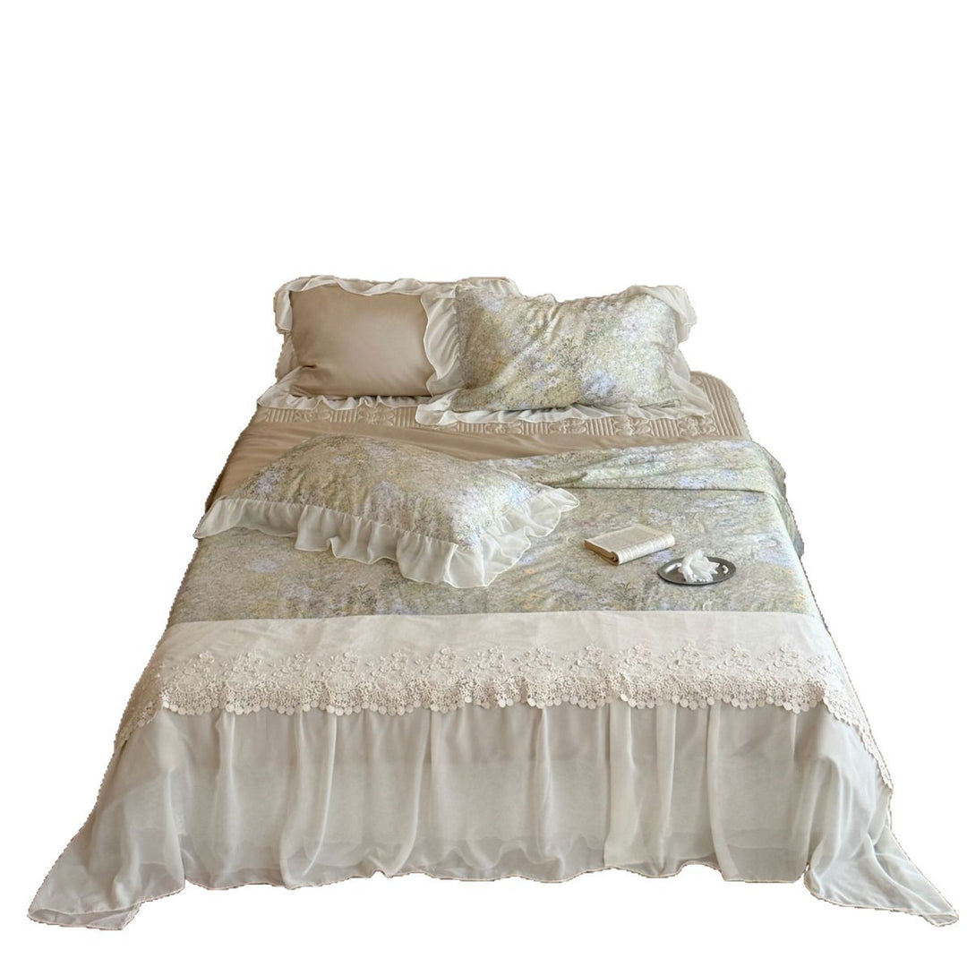 Romantic satin bedding set with ruffle and lace trimming