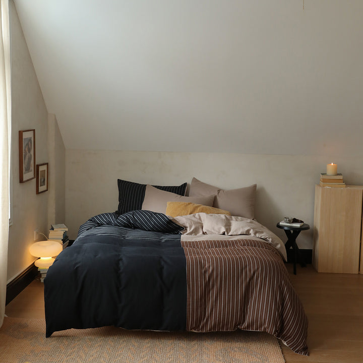 Patchwork Stripe & Solid Cotton Sateen Duvet Cover Set with Corduroy Accent Pillow