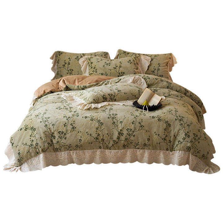 Vintage Botanical Linen-Blend Ruffled Duvet Cover Set with Eyelet Lace Trim