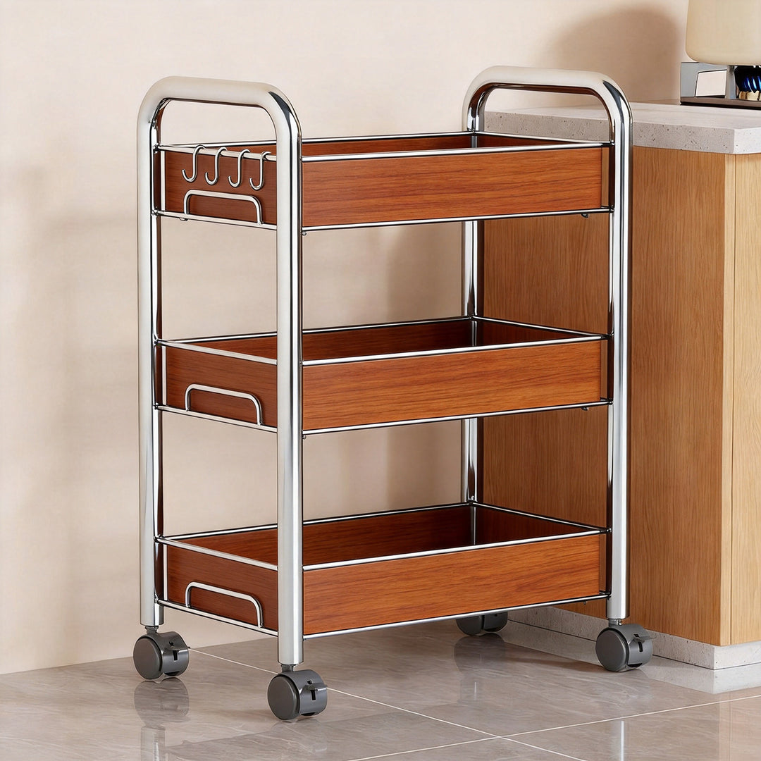 Three-Tier Rolling Mesh Kitchen Storage Cart with Side Utensil Caddy and Locking Casters