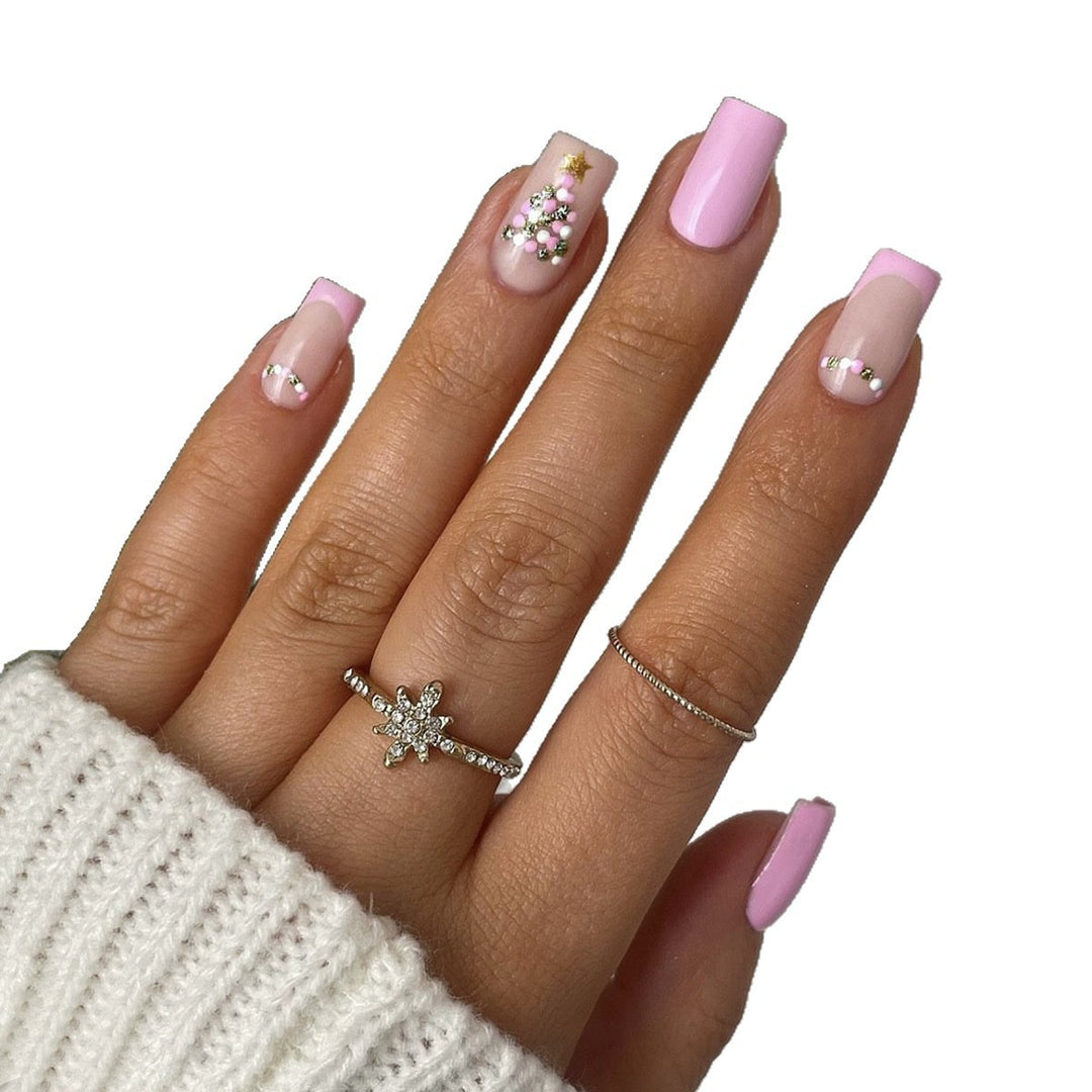 Artificial nail set with festive Christmas tree design and glitter decorations Stornfield