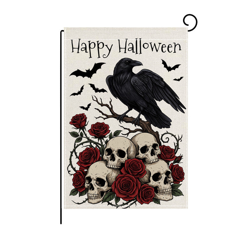 Outdoor Halloween Garden Flag Double-Sided Polyester Yard Banner with Skeleton and Jack-o'-Lantern Illustration