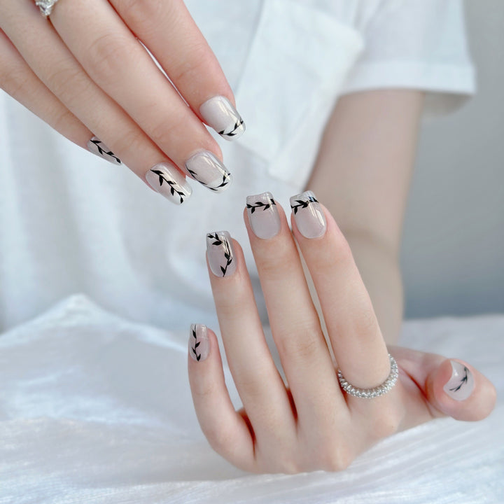 Artistic Press-On Nail Set with Botanical Designs