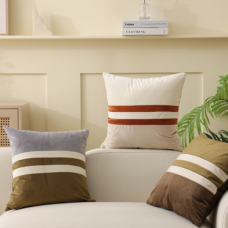 Square velvet decorative cushion with contrasting stripes and hidden zipper