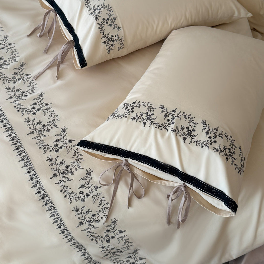 Embroidered Cotton Sateen Duvet Cover Set with Tie-Sham and Decorative Bolster
