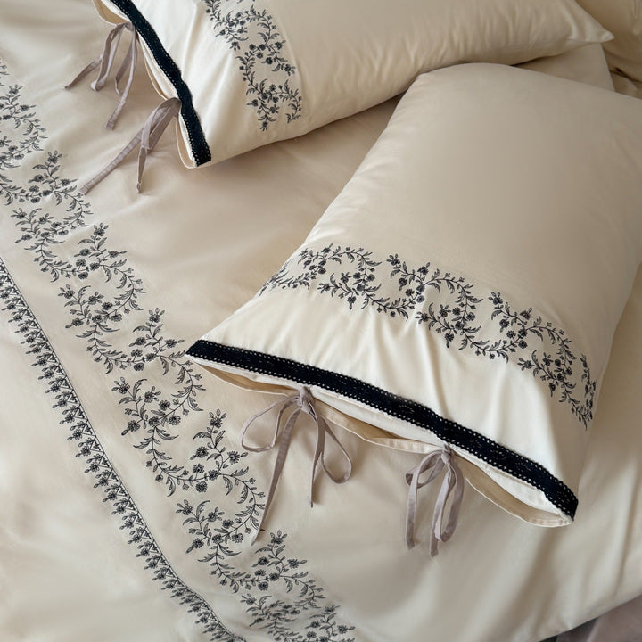 Embroidered Cotton Sateen Duvet Cover Set with Tie-Sham and Decorative Bolster