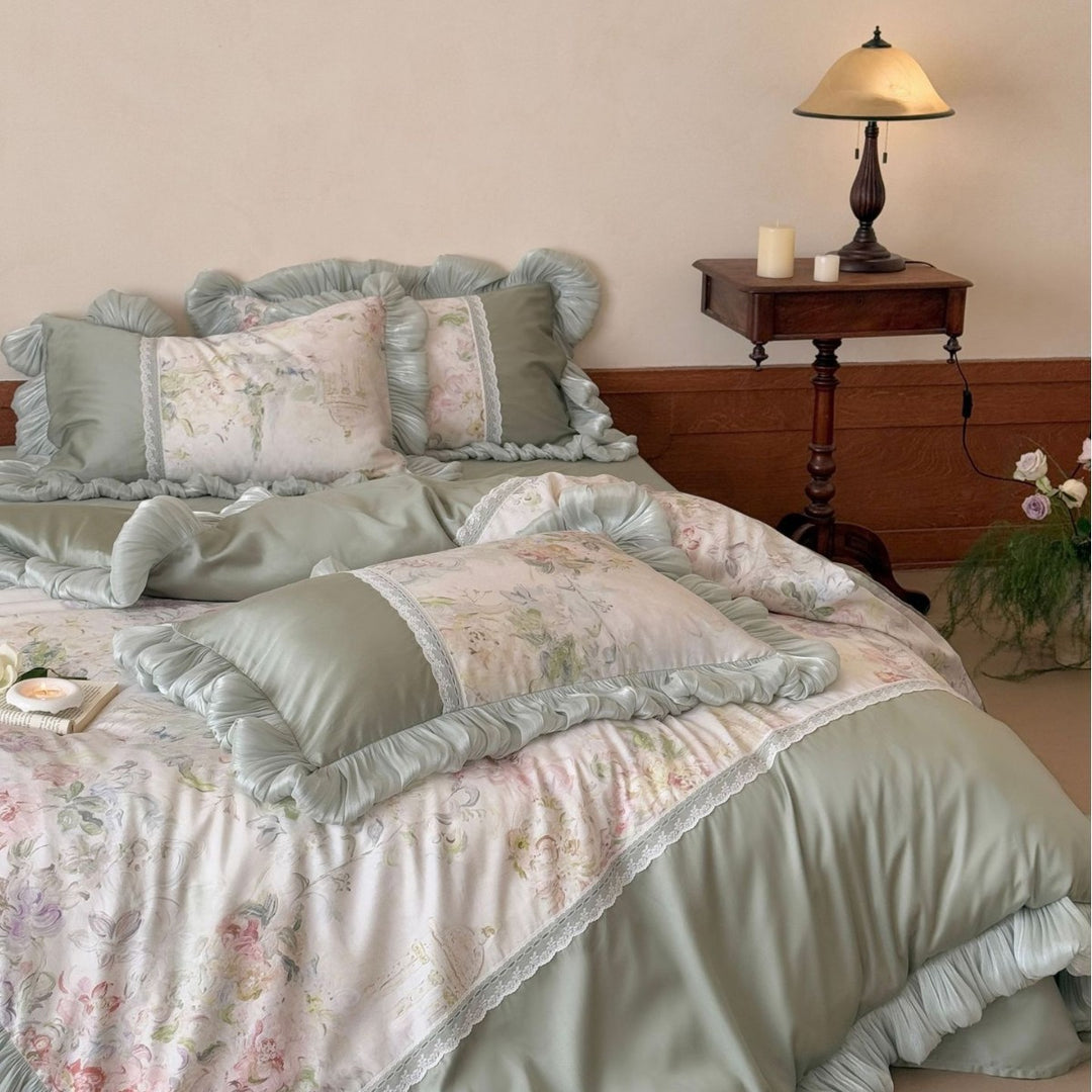 Bedding complete set with ruffle, lace applique, and floral watercolor print