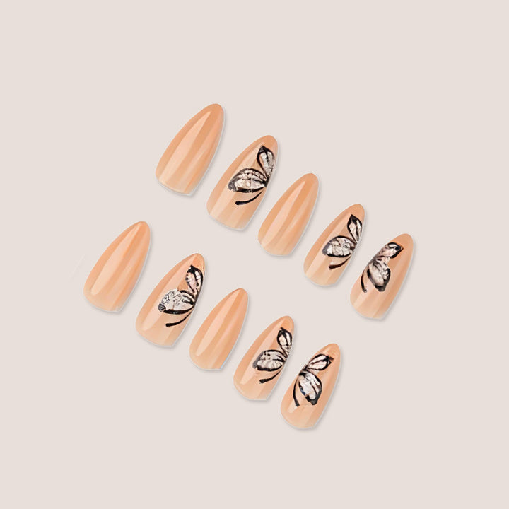 Artificial nail set with delicate butterfly motifs and elegant finish Stornfield