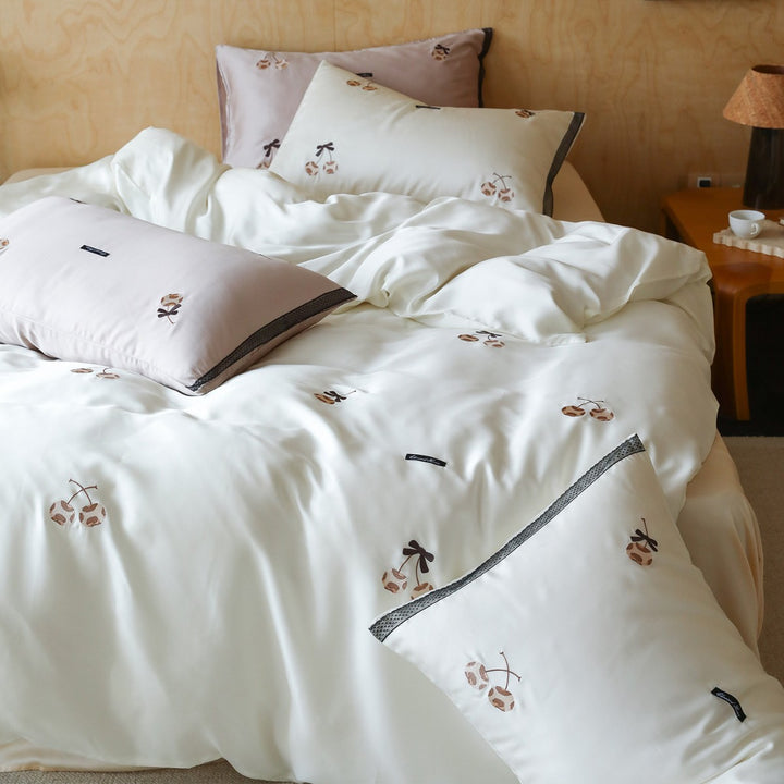 Silky Sateen Duvet Cover Ensemble with Hand-Embroidered Cherry Motifs and Contrast Trim