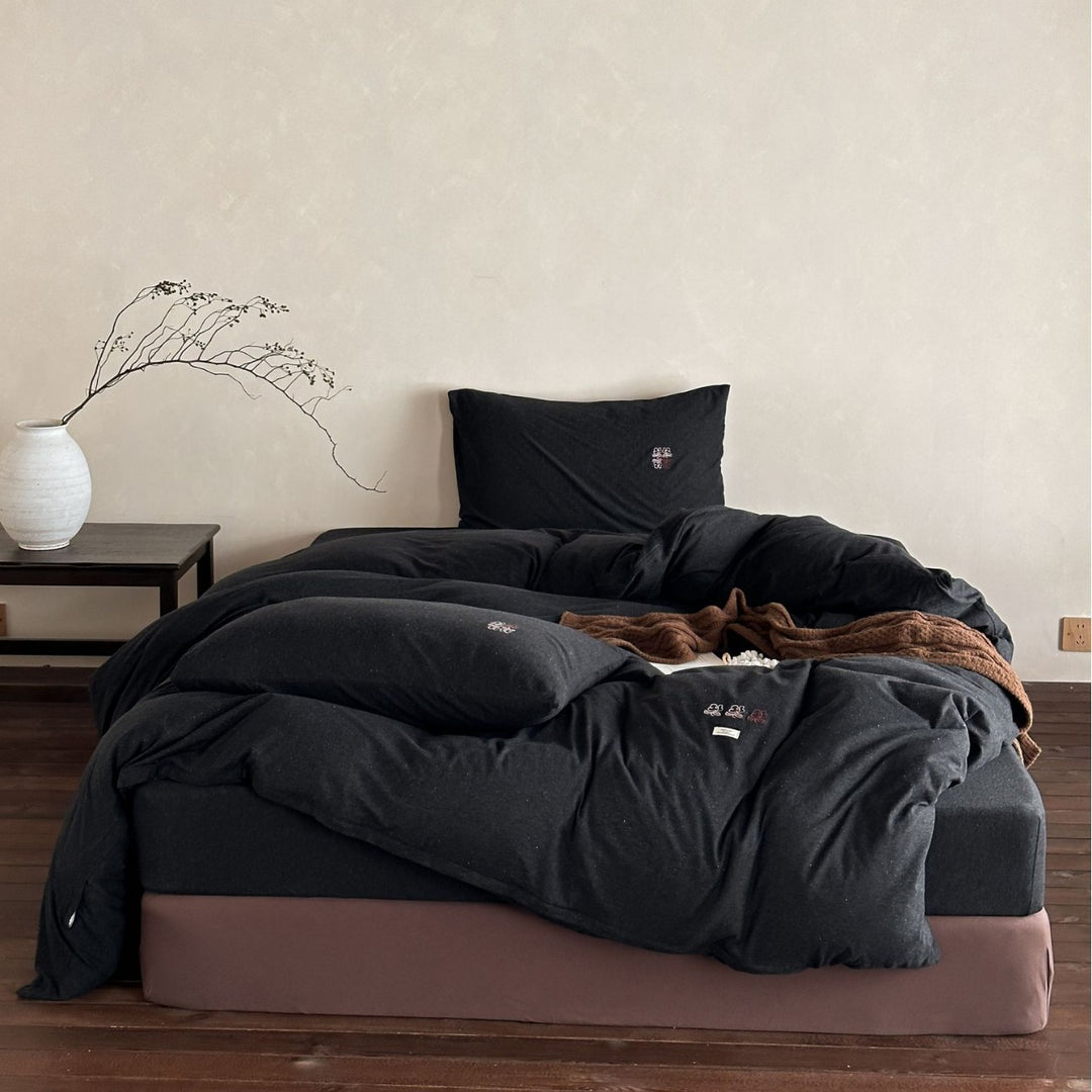 Washed Cotton Slub Duvet Cover Set with Mini Embroidered Accents