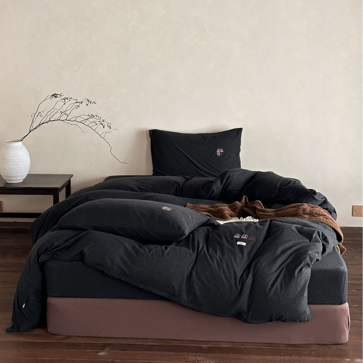 Washed Cotton Slub Duvet Cover Set with Mini Embroidered Accents