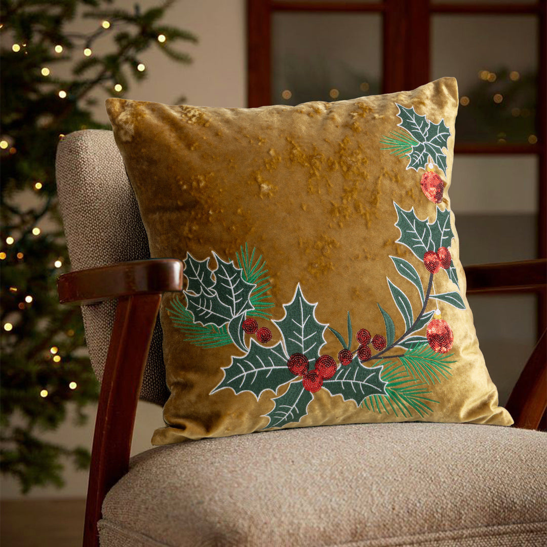 Rectangular velvet cushion cover with embroidered Christmas ornaments Stornfield
