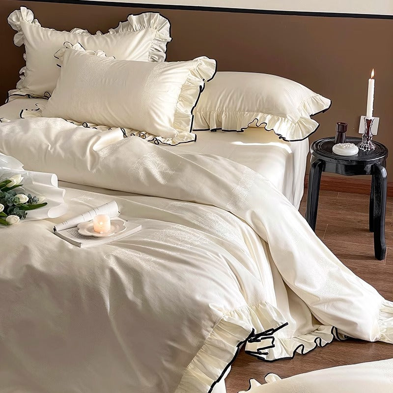 Ruffled Cotton-Sateen Duvet Cover Set with Contrasting Piped Edge and Jacquard Detail
