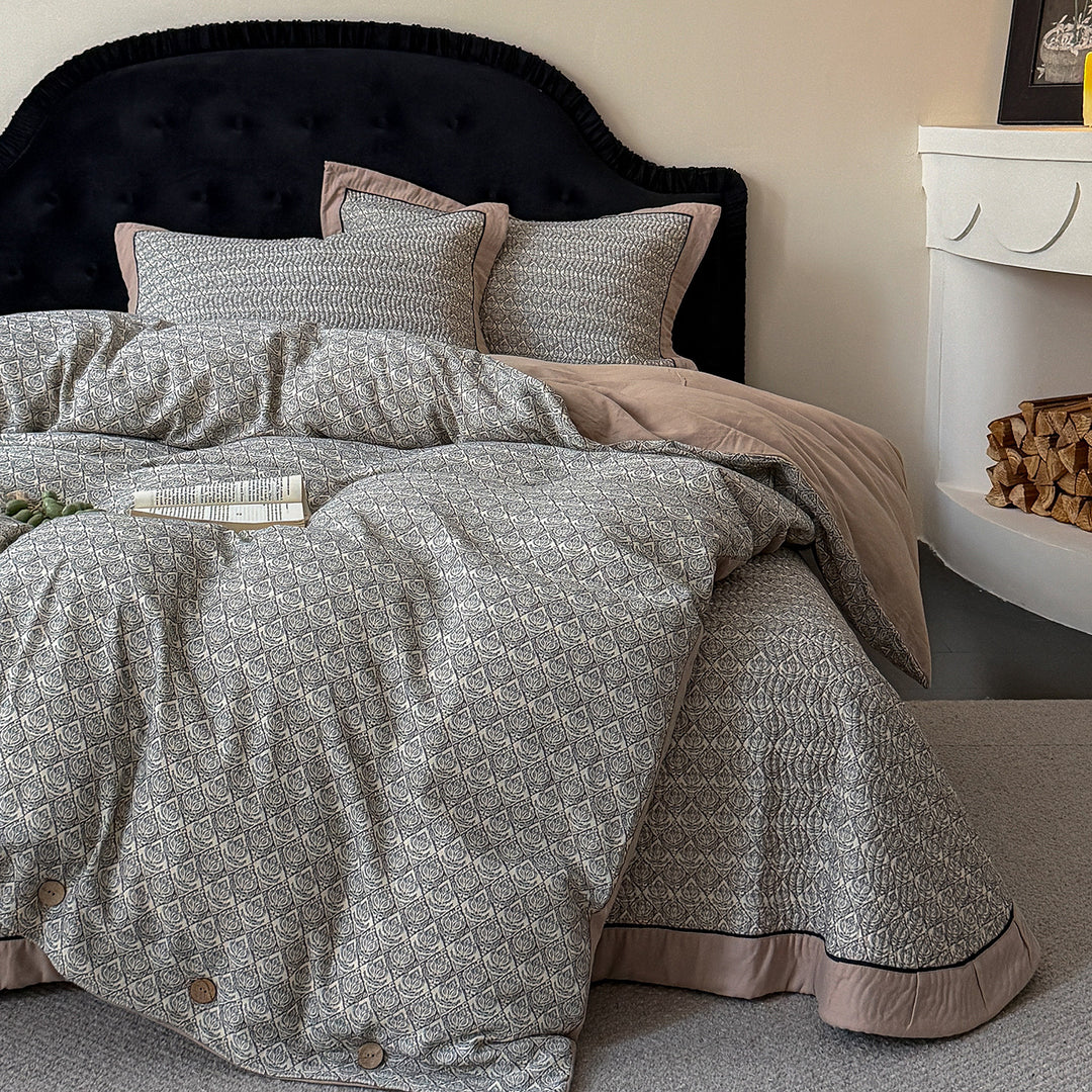 Patterned Quilted Reversible Duvet Cover Set with Button Closure and Piped Edge