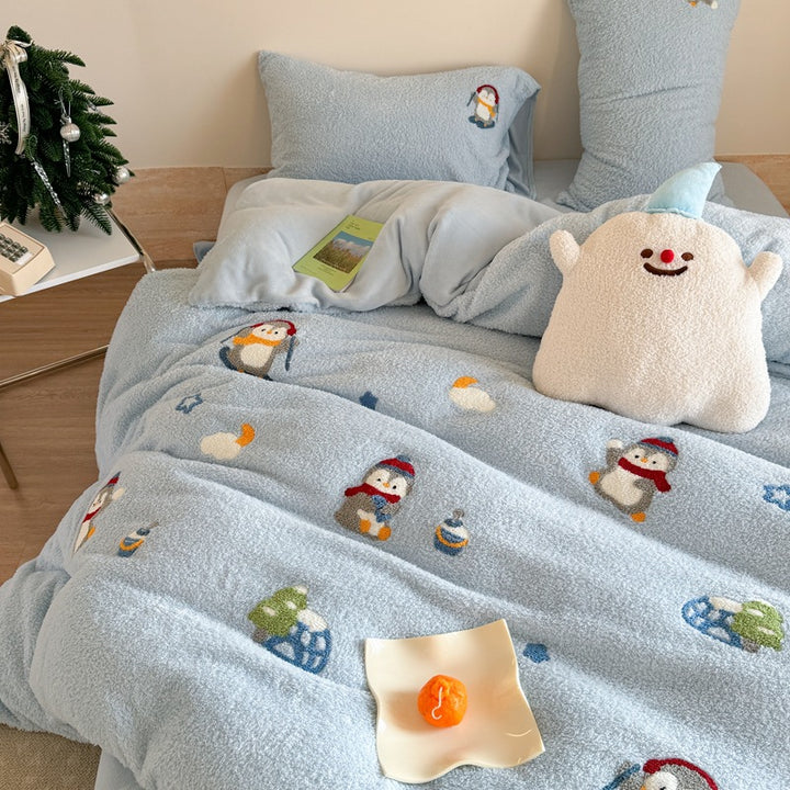 Plush Sherpa Embroidered Penguin Reversible Comforter Set with Pillow Shams and Decorative Cushion