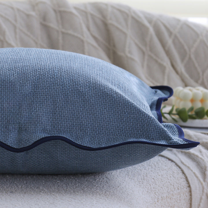 Square cushion cover made of breathable waffle fabric with decorative wavy piping Stornfield