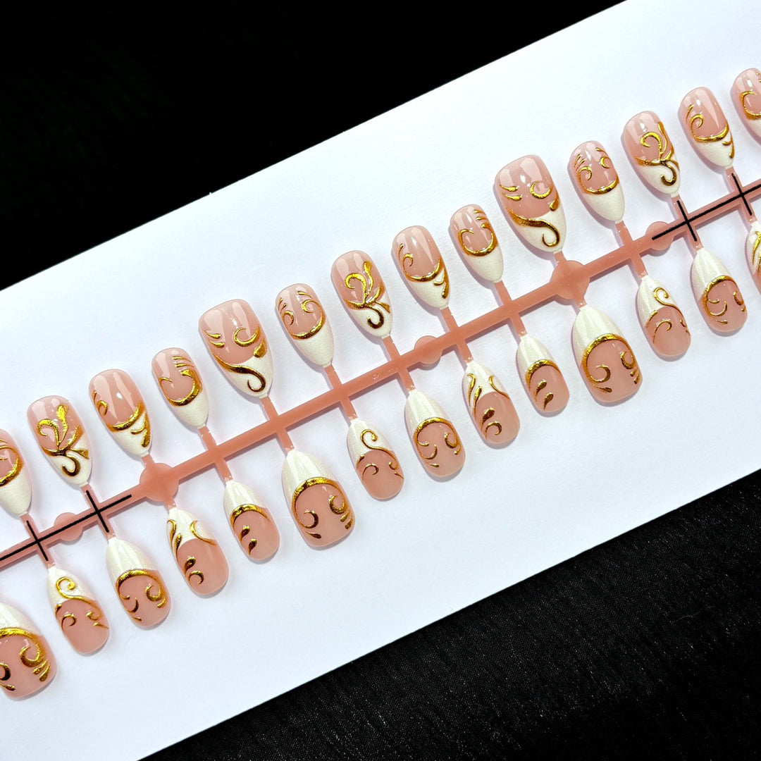 Decorative Press-On Nail Set with Elegant Gold Accents