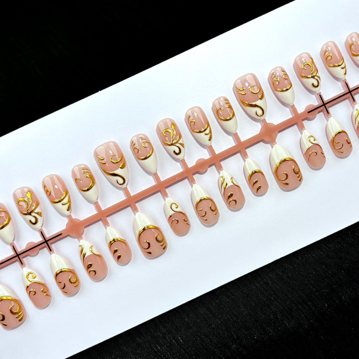Decorative Press-On Nail Set with Elegant Gold Accents