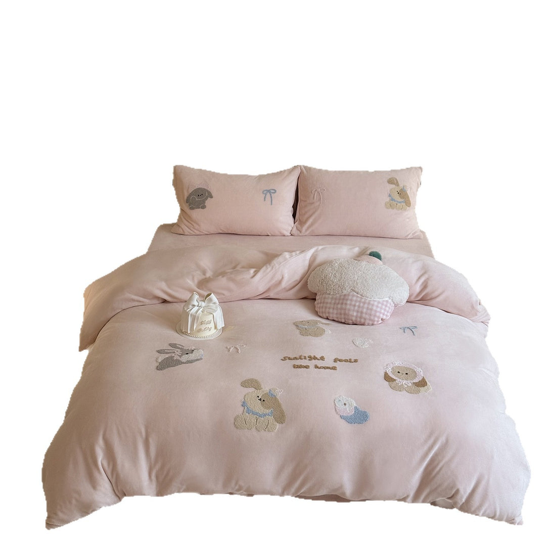 Embroidered Plush Animal Microfiber Duvet Cover Set with Pillow Shams
