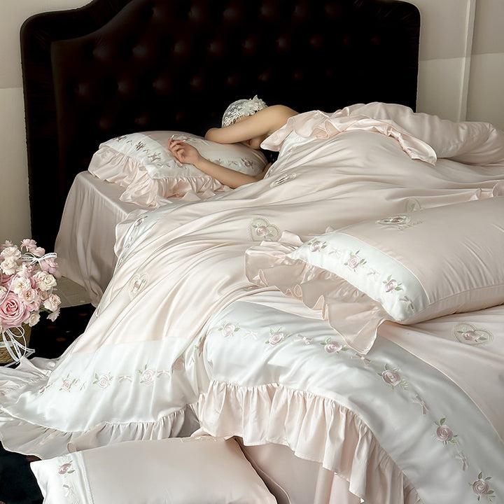 Romantic Embroidered Floral Satin-Trim Duvet Cover & Ruffled Sham Set