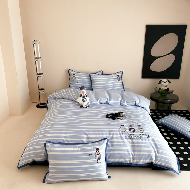 Seaside Stripe Cotton Sateen Duvet Cover Set with Embroidered Seagull Pillow Shams