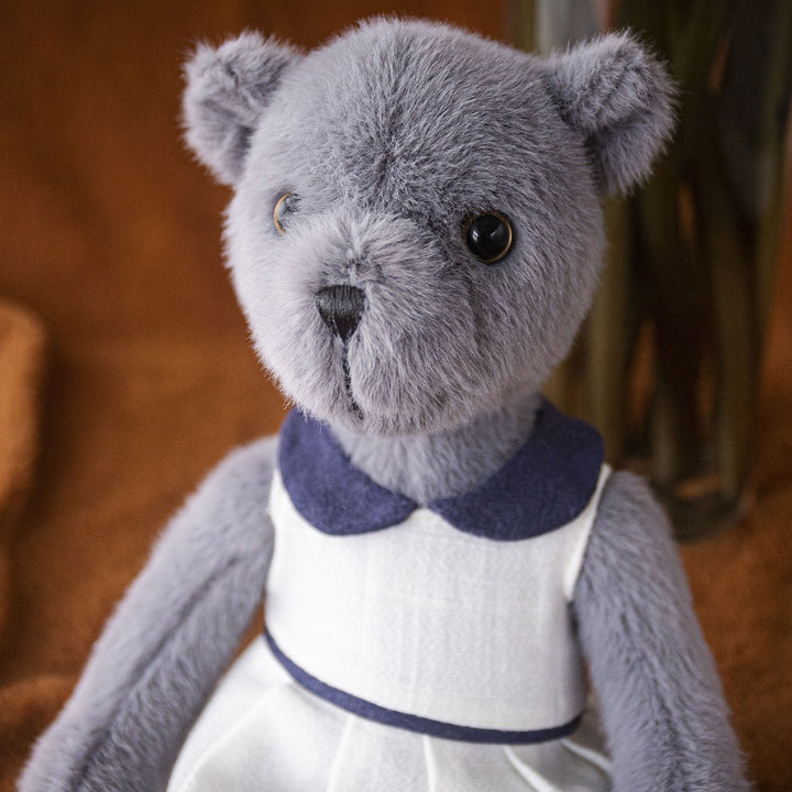Plush Teddy Bear with Linen Dress and Peter Pan Collar