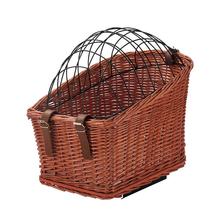 front-mount wicker bicycle pet carrier basket with foldable metal safety dome and adjustable leather buckle straps Stornfield