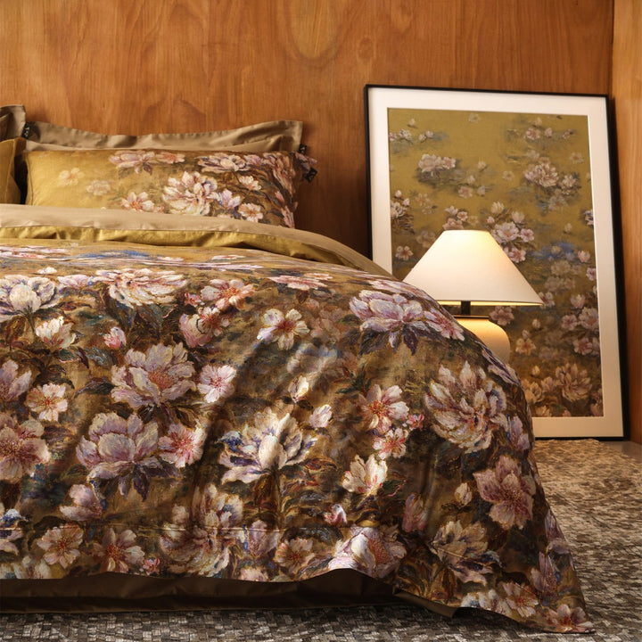 Botanical Painterly Floral Cotton-Sateen Duvet Cover Ensemble with Silky Sheen and Hidden Closure