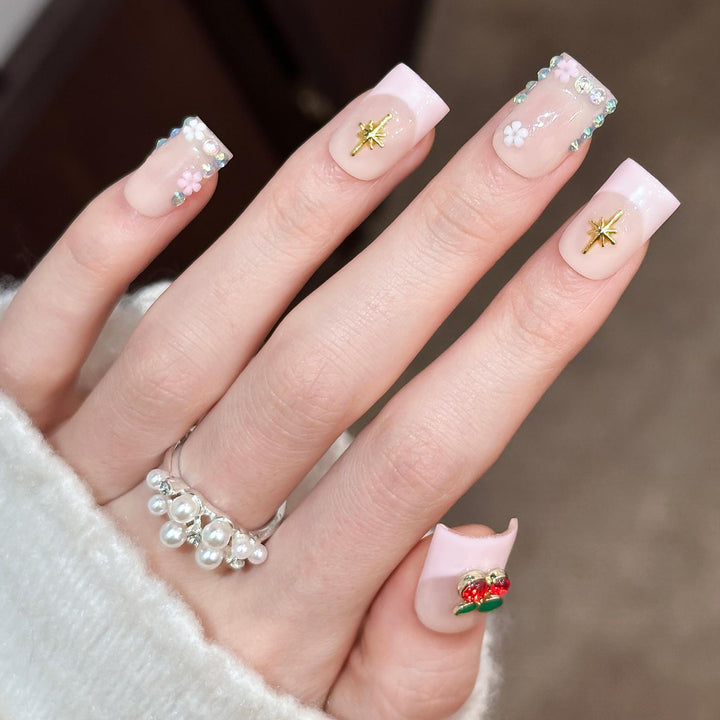 Decorative Floral and Gem Accented Press-On Nail Art Set