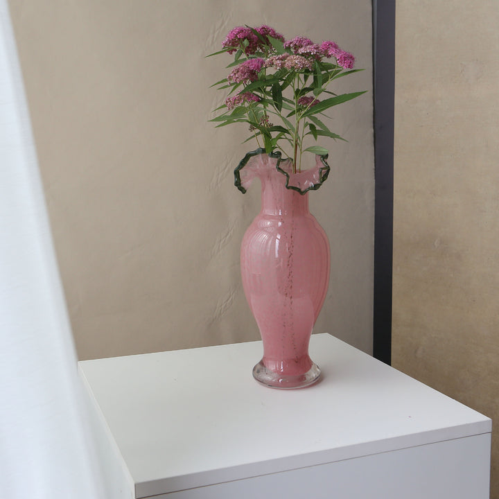 Handblown Ruffled-Edge Tall Pedestal Art Glass Vase Stornfield