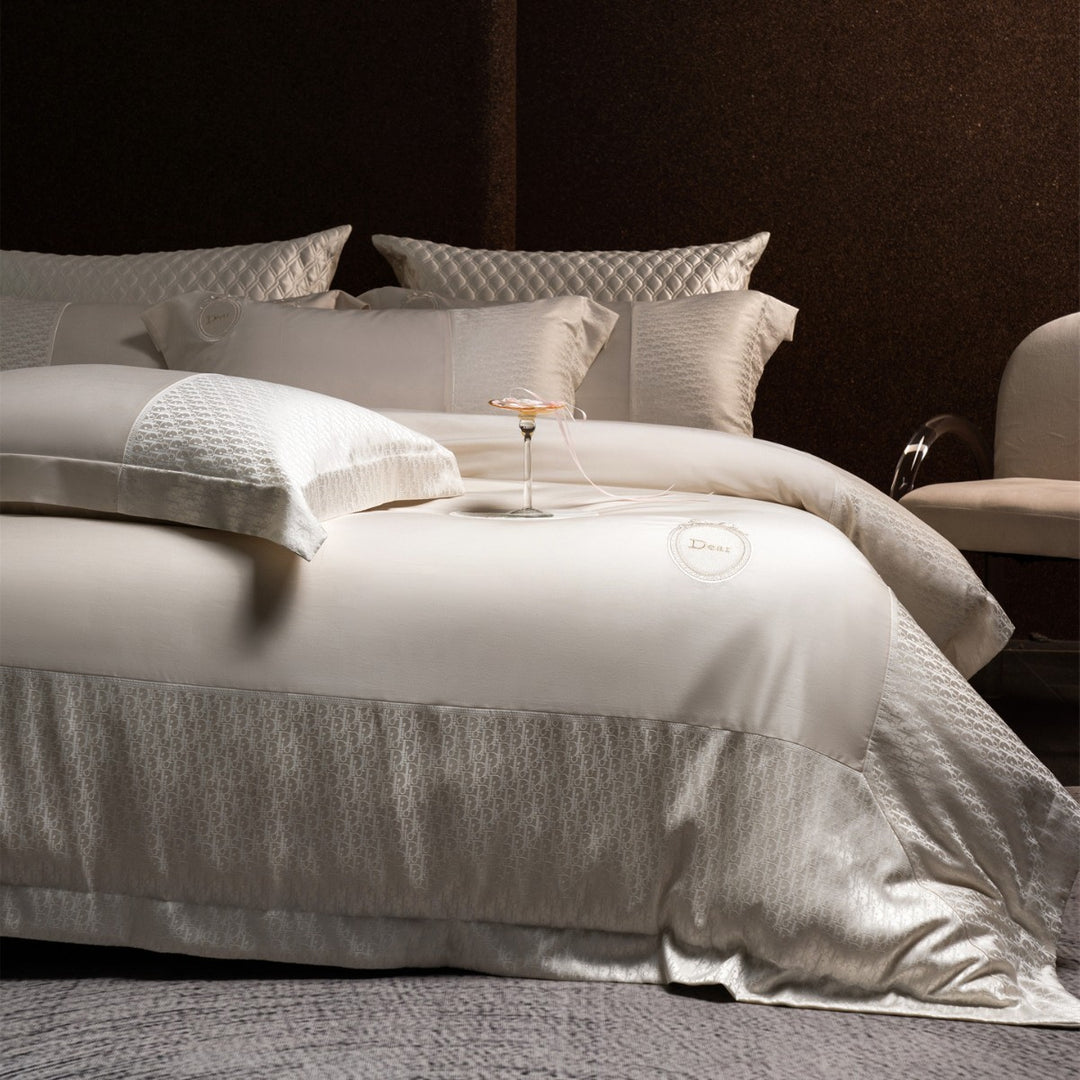 Silk-Feel Jacquard Sateen Duvet Cover Set with Embroidered Crest & Bed Skirt
