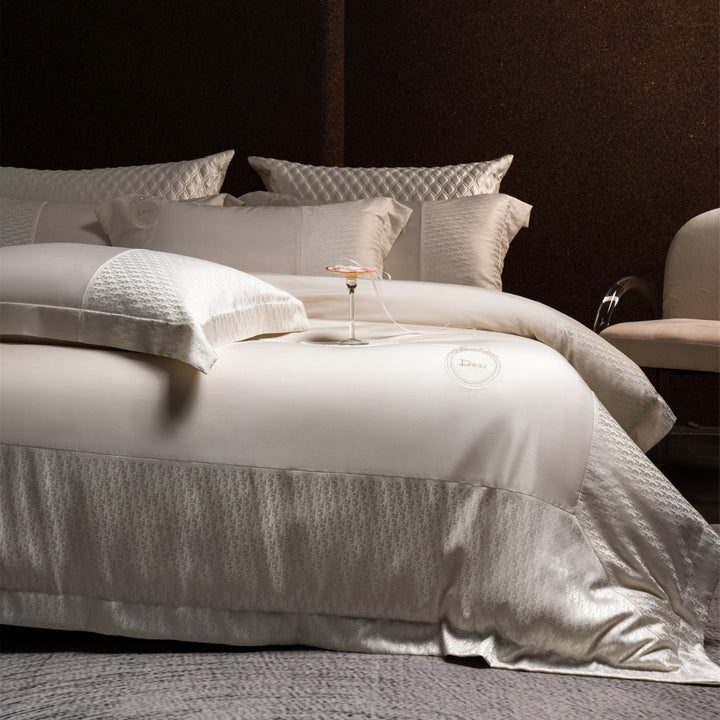 Silk-Feel Jacquard Sateen Duvet Cover Set with Embroidered Crest & Bed Skirt