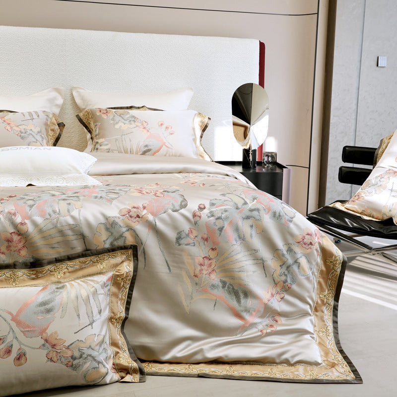 Luxury Botanical Satin-Feel Duvet Cover Set with Embroidered Gold Border and Reversible Sateen Backing