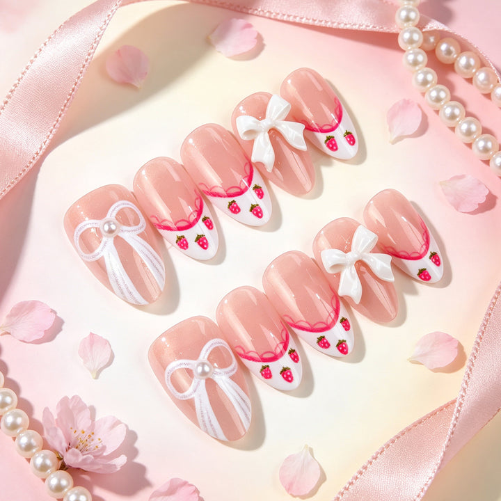 Decorative Bow and Strawberry-Themed Press-On Nail Art Set Stornfield