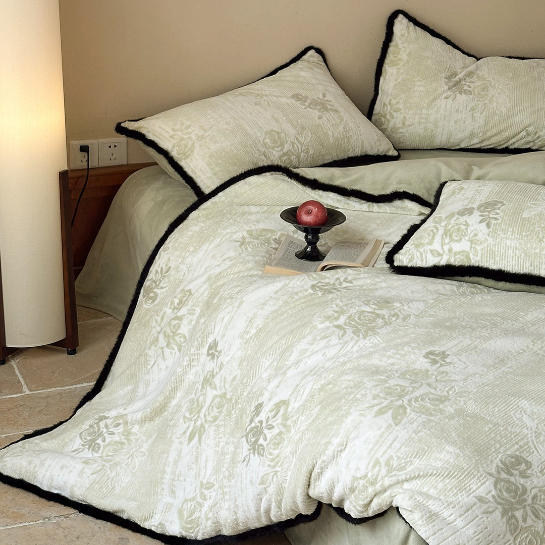 Quilted Jacquard Floral Duvet Cover Set with Contrast Piped Edge and Matching Pillow Shams