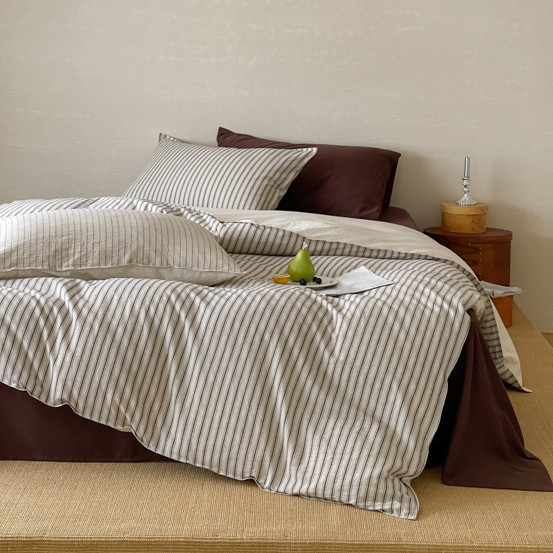 Striped linen bedding set with breathable cotton-linen mix