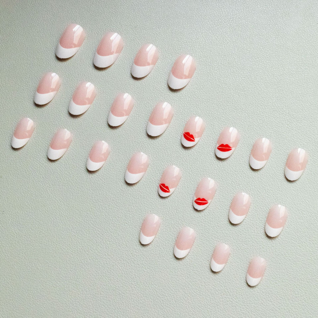 Artistic French Tip Nail Art Set with Kiss Design