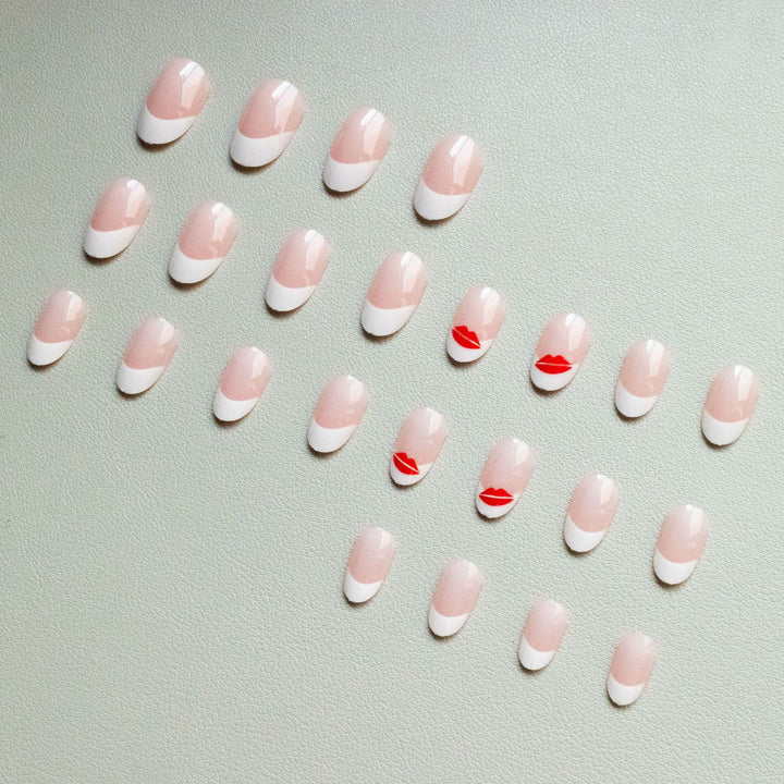 Artistic French Tip Nail Art Set with Kiss Design